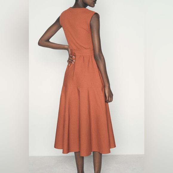 ZARA | A-line contrast rust colored belted midi dress - Picture 6 of 16